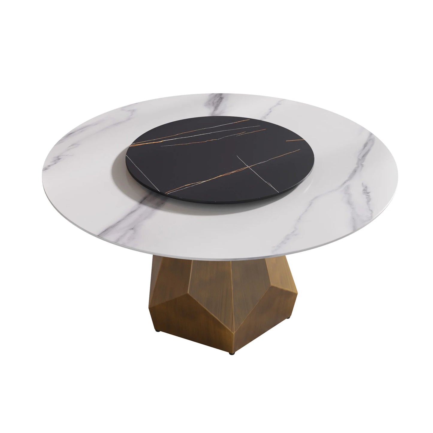 Marbella Sintered Stone Dining Table | 59" White Gloss Round With Lazy Susan Turntable
