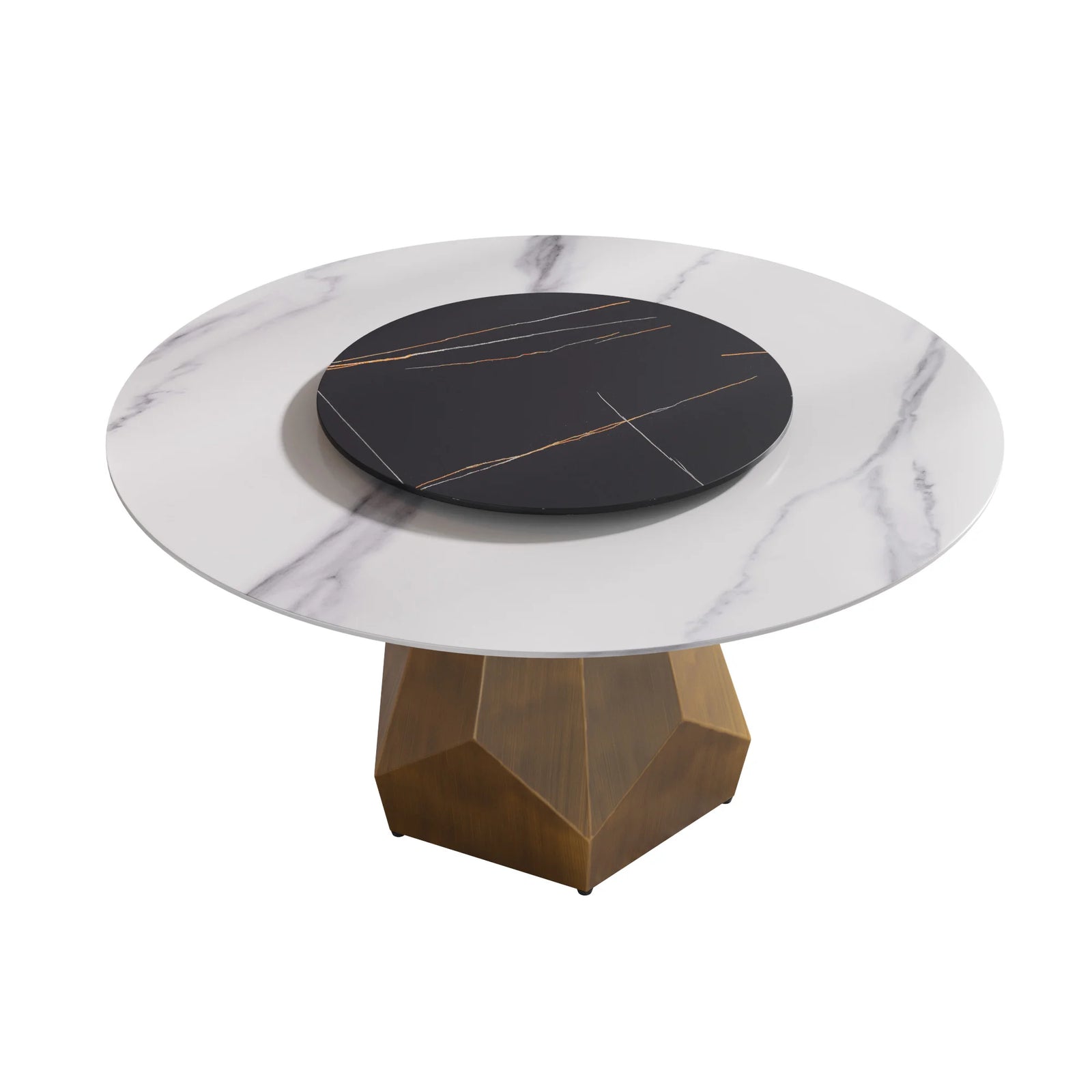 Mesa de comedor Marbella de piedra sinterizada | Redonda de 150 cm (59") en blanco brillante con plato giratorio Lazy Susan