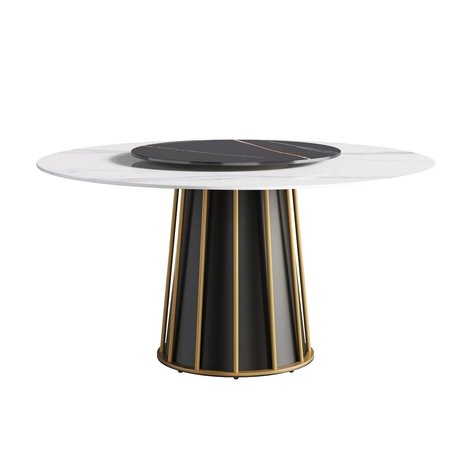 Mesa de comedor Marbella de piedra sinterizada | Redonda de 150 cm (59") en blanco brillante con plato giratorio Lazy Susan