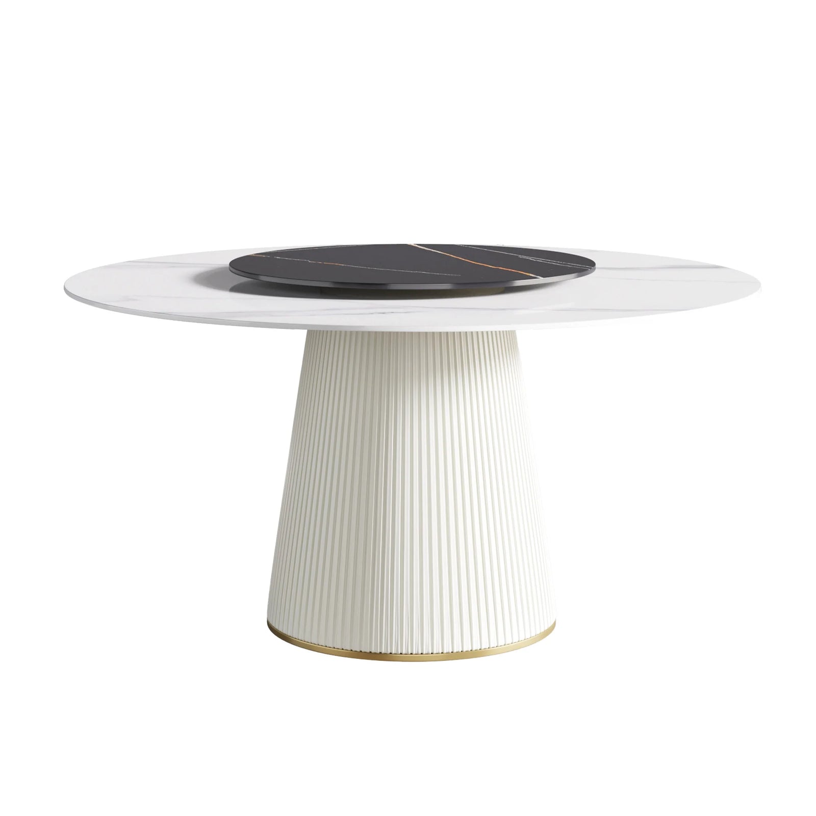 Marbella Sintered Stone Dining Table | 59" White Gloss Round With Lazy Susan Turntable