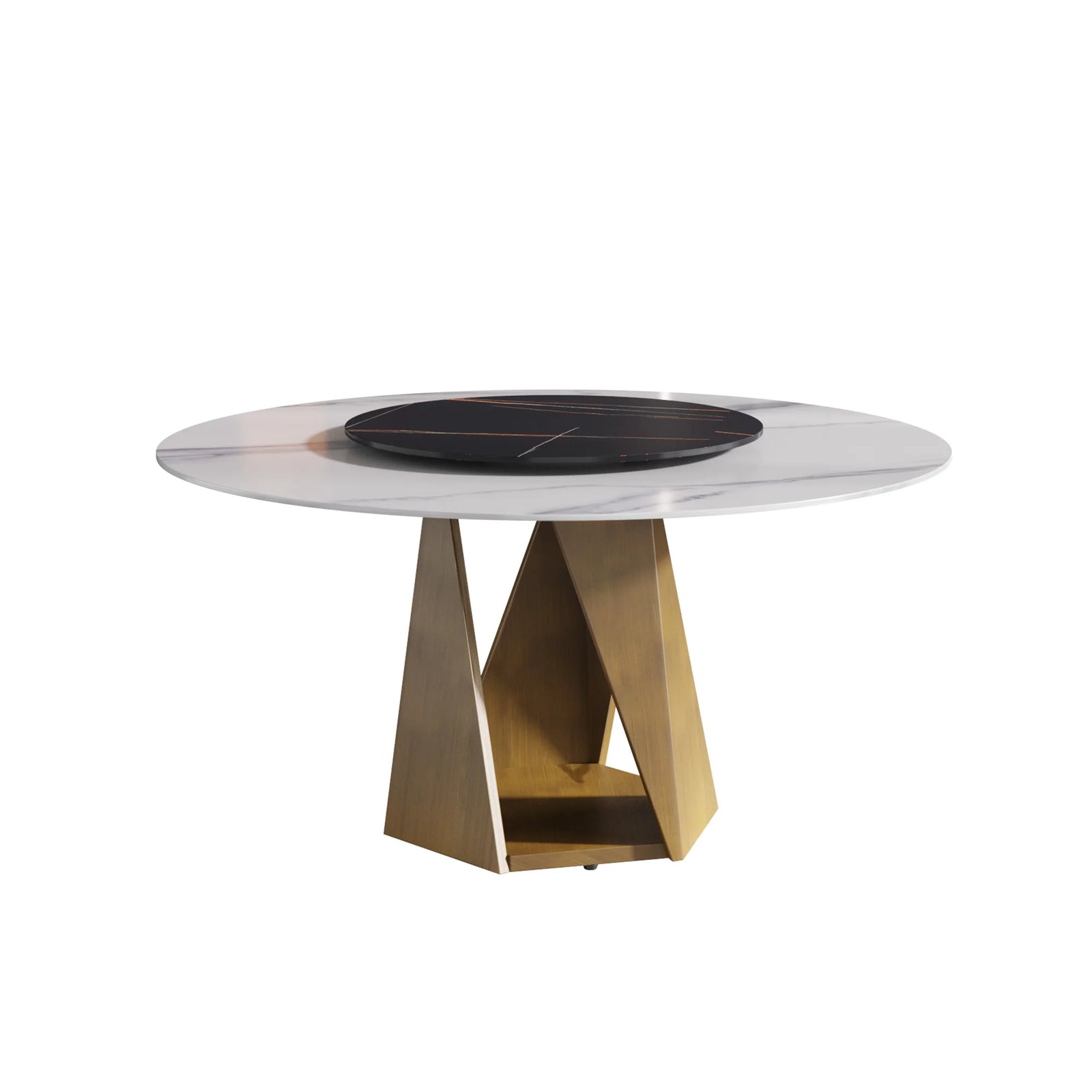 Mesa de comedor Marbella de piedra sinterizada | Redonda de 150 cm (59") en blanco brillante con plato giratorio Lazy Susan