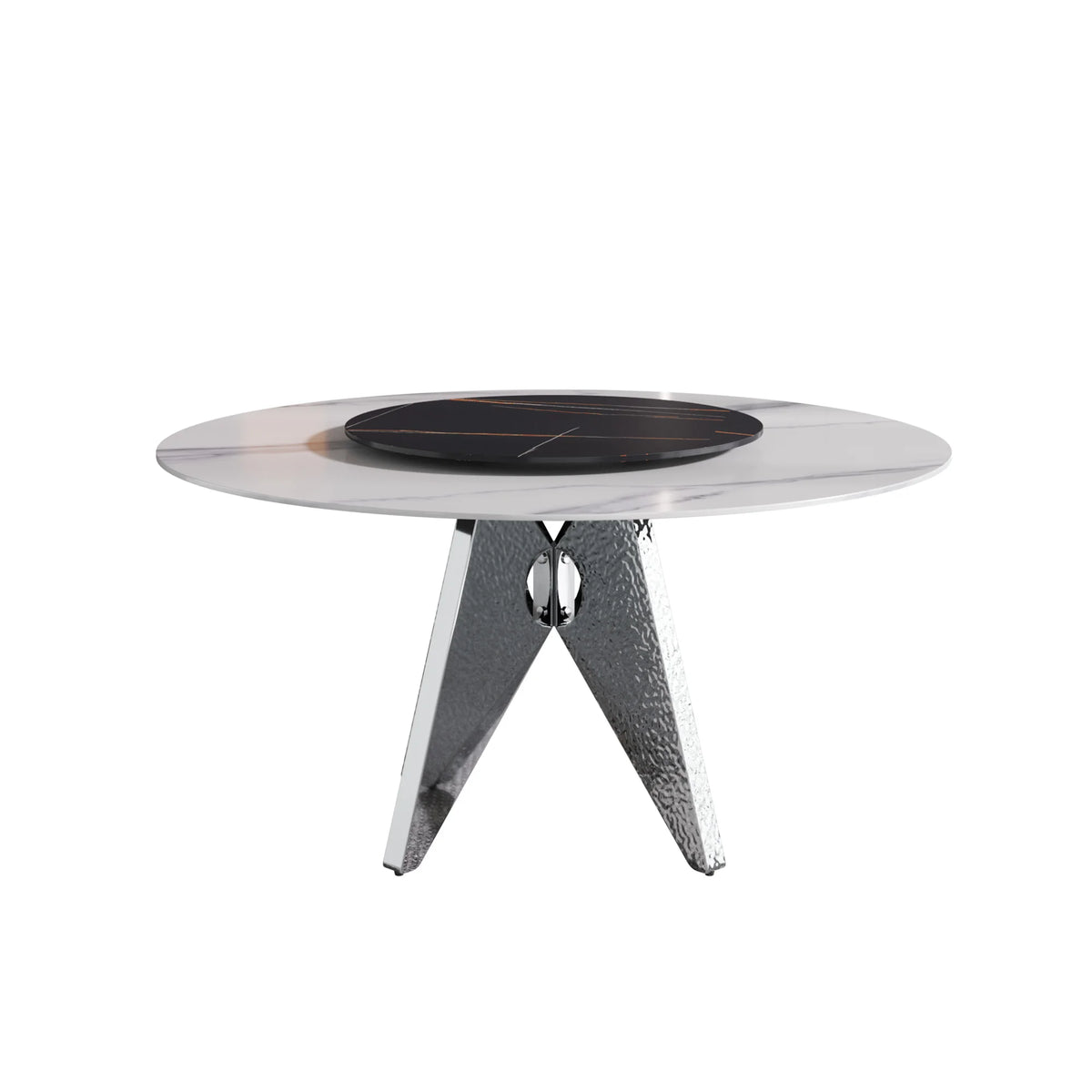 Marbella Sintered Stone Dining Table | 59" White Gloss Round With Lazy Susan Turntable