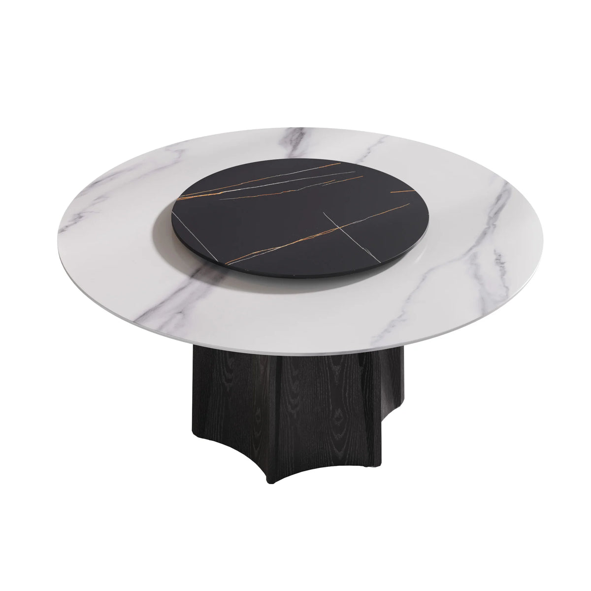 Marbella Sintered Stone Dining Table | 59" White Gloss Round With Lazy Susan Turntable