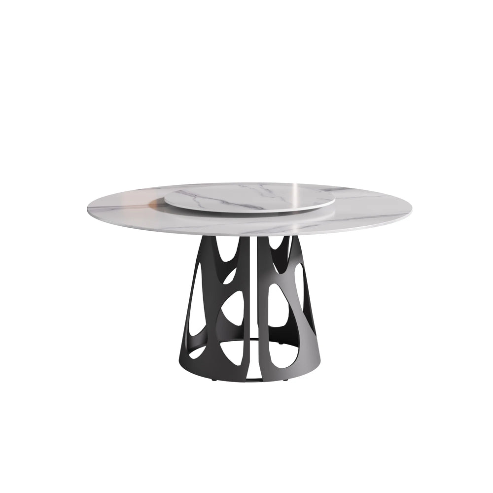 Marbella Sintered Stone Dining Table | 59" White Gloss Round With Lazy Susan Turntable