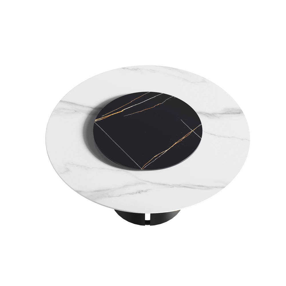 Marbella Sintered Stone Dining Table | 59" White Gloss Round With Lazy Susan Turntable