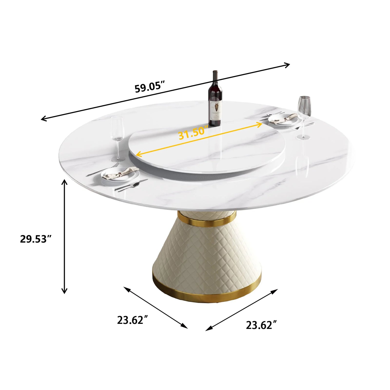 Mesa de comedor Marbella de piedra sinterizada | Redonda de 150 cm (59") en blanco brillante con plato giratorio Lazy Susan