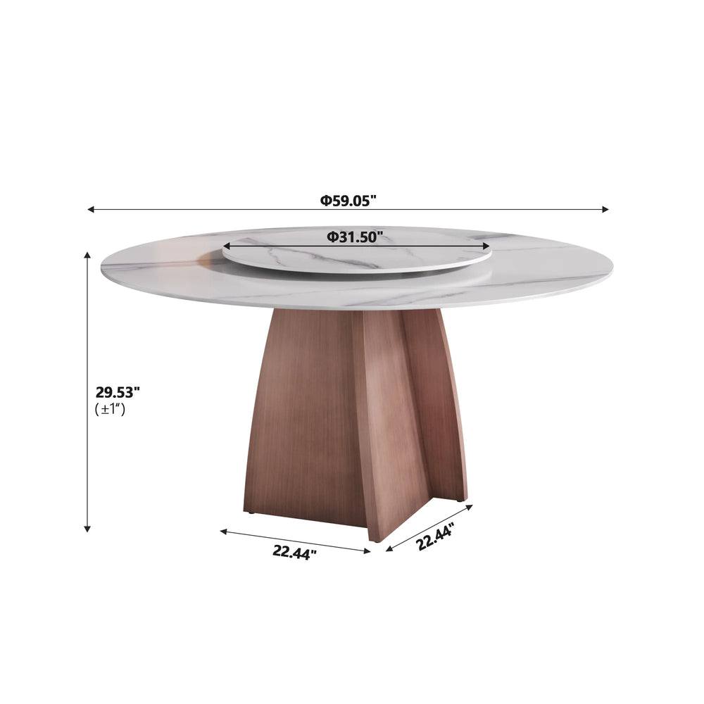 Marbella Sintered Stone Dining Table | 59" White Gloss Round With Lazy Susan Turntable