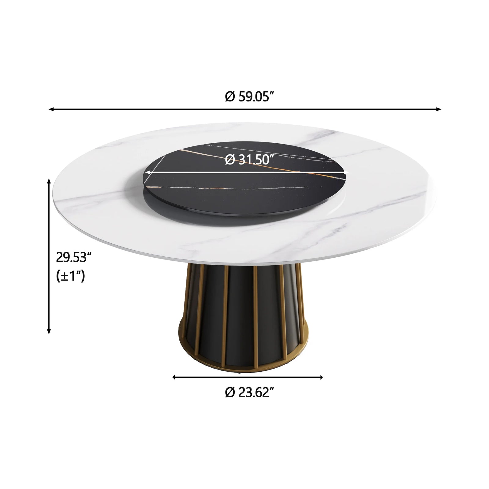 Mesa de comedor Marbella de piedra sinterizada | Redonda de 150 cm (59") en blanco brillante con plato giratorio Lazy Susan