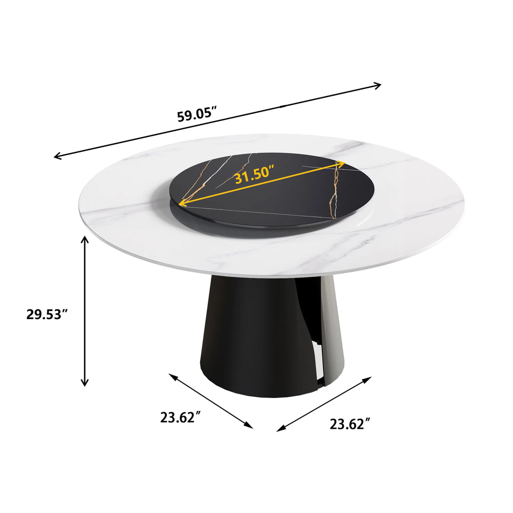 Marbella Sintered Stone Dining Table | 59" White Gloss Round With Lazy Susan Turntable
