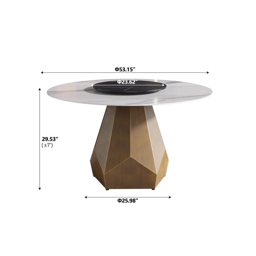 Marbella Sintered Stone Dining Table | 59" White Gloss Round With Lazy Susan Turntable