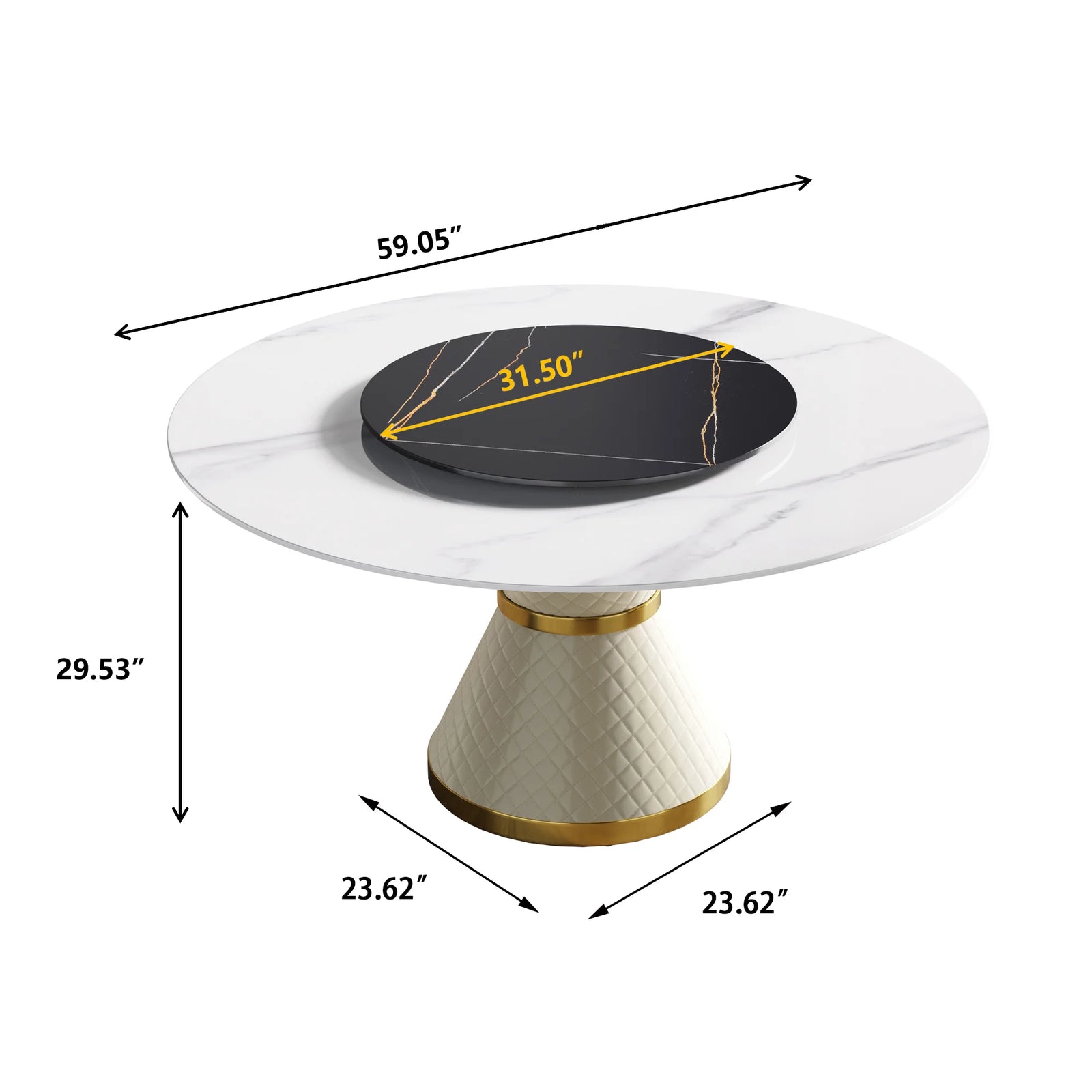 Mesa de comedor Marbella de piedra sinterizada | Redonda de 150 cm (59") en blanco brillante con plato giratorio Lazy Susan