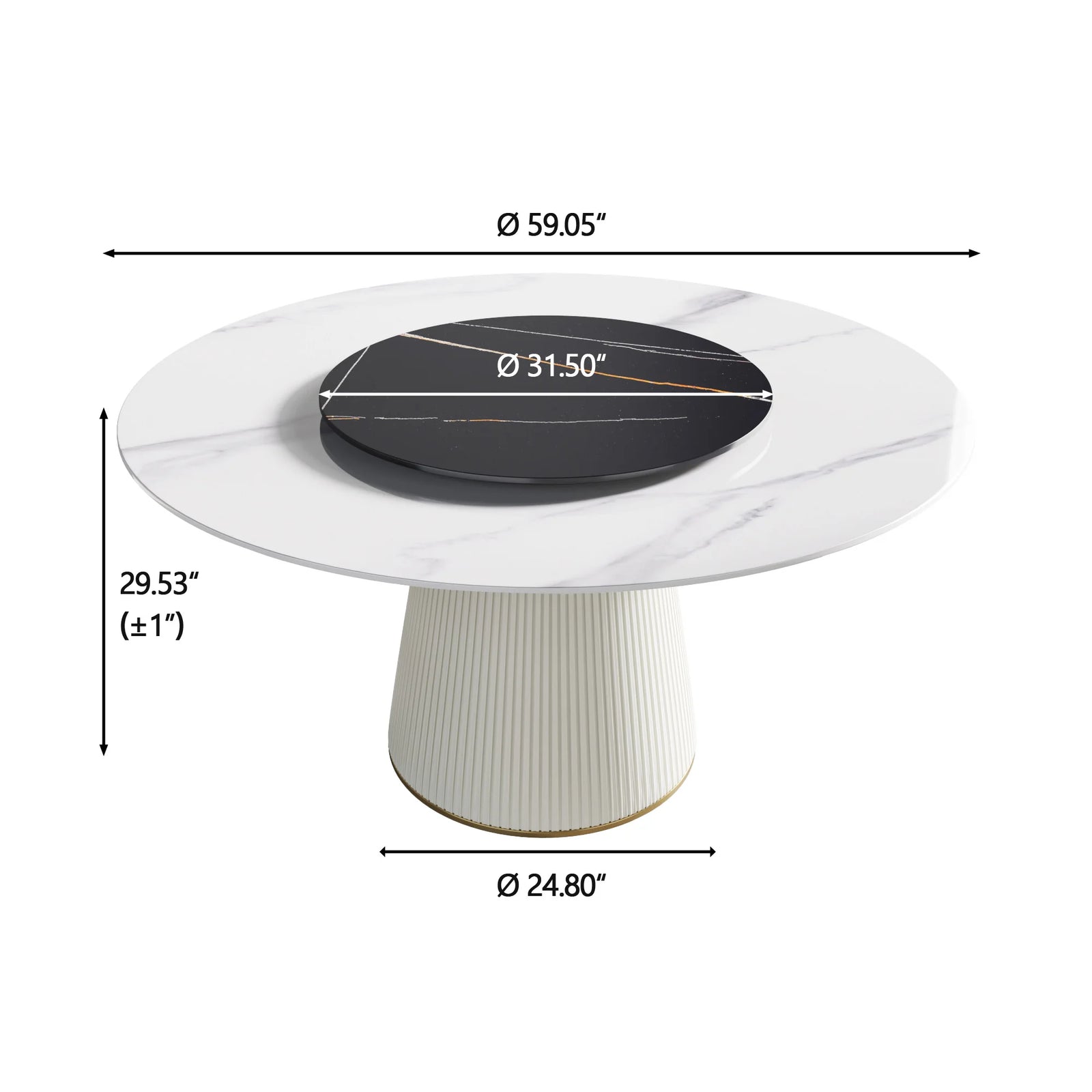 Marbella Sintered Stone Dining Table | 59" White Gloss Round With Lazy Susan Turntable