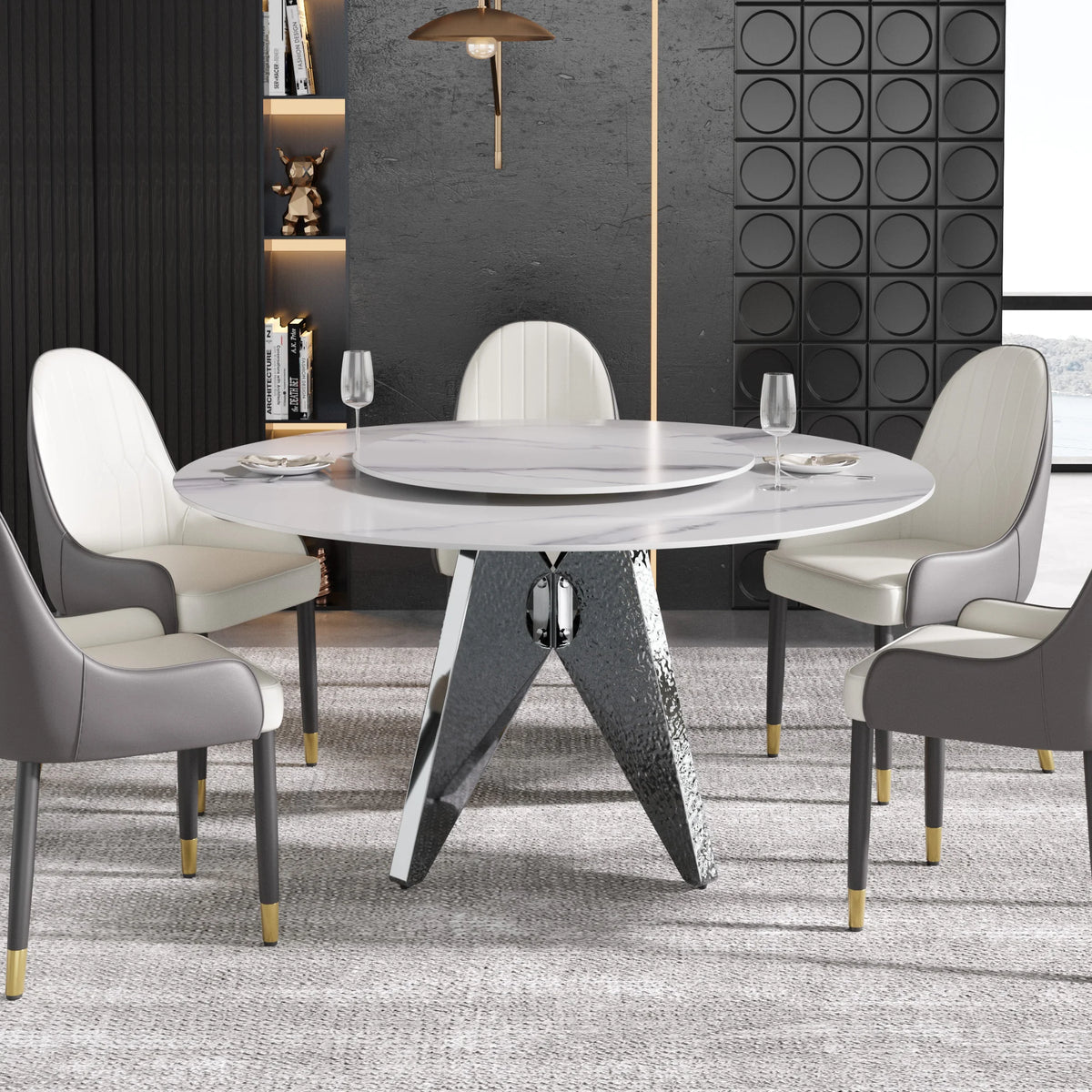 Marbella Sintered Stone Dining Table | 59" White Gloss Round With Lazy Susan Turntable