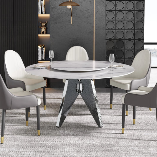 Marbella Sintered Stone Dining Table | 59" White Gloss Round With Lazy Susan Turntable