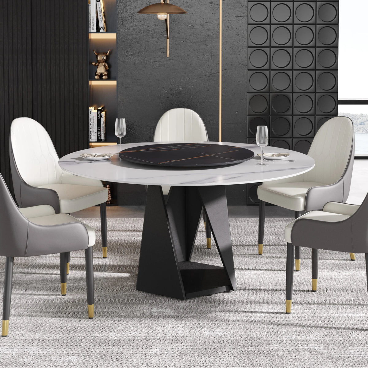 Marbella Sintered Stone Dining Table | 59" White Gloss Round With Lazy Susan Turntable