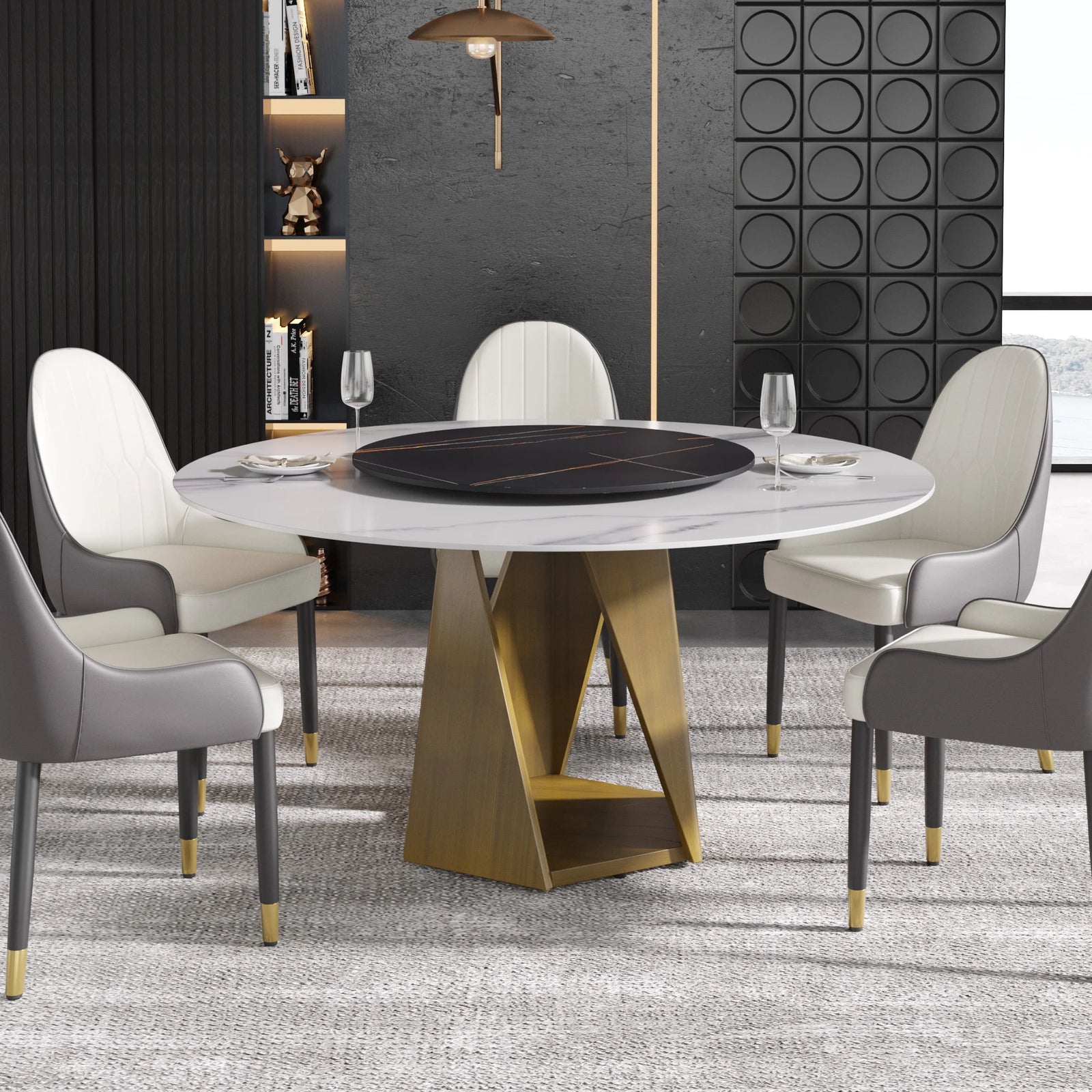 Mesa de comedor Marbella de piedra sinterizada | Redonda de 150 cm (59") en blanco brillante con plato giratorio Lazy Susan