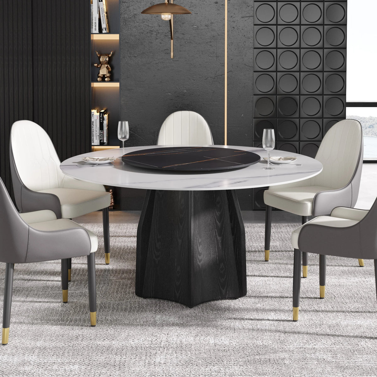 Marbella Sintered Stone Dining Table | 59" White Gloss Round With Lazy Susan Turntable