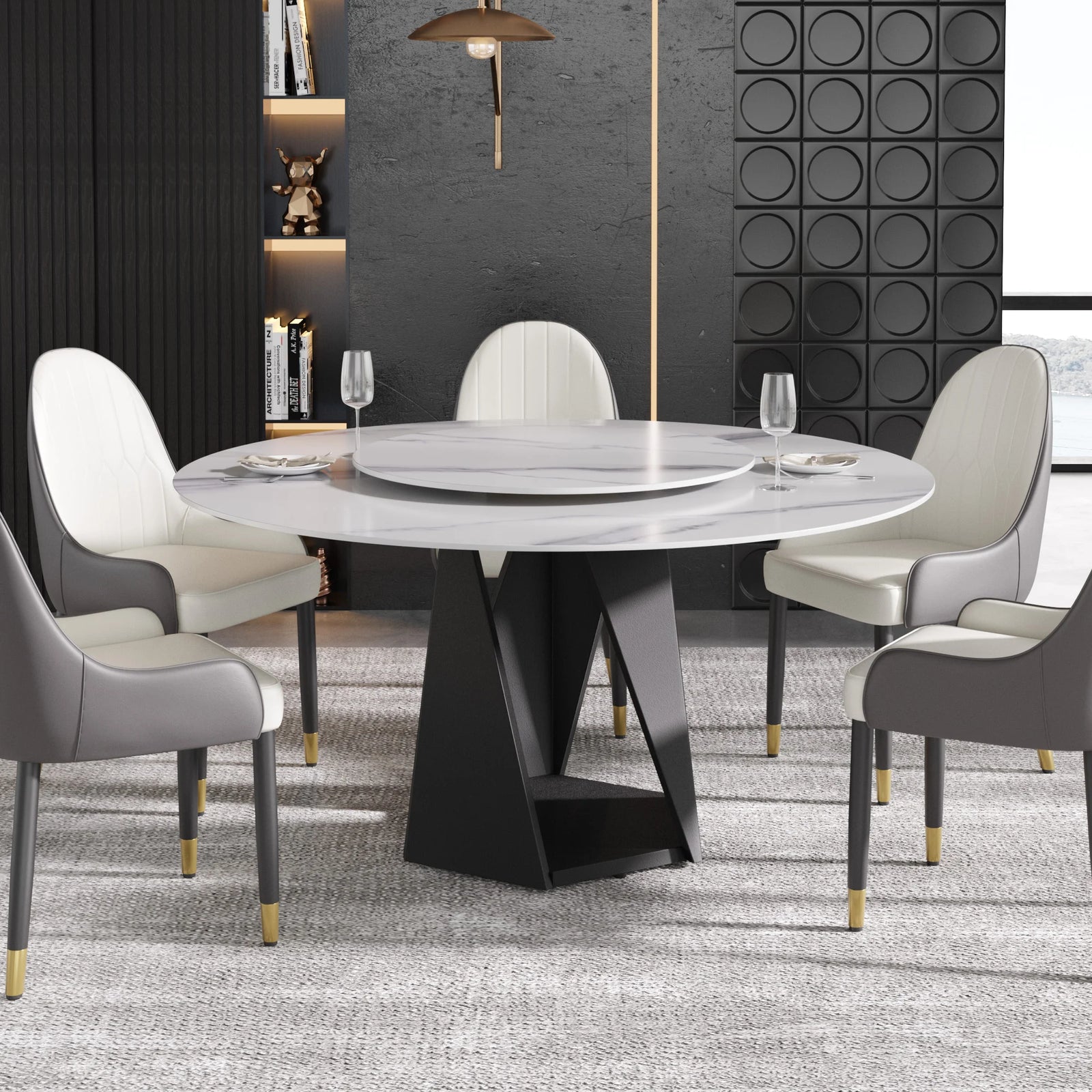 Mesa de comedor Marbella de piedra sinterizada | Redonda de 150 cm (59") en blanco brillante con plato giratorio Lazy Susan
