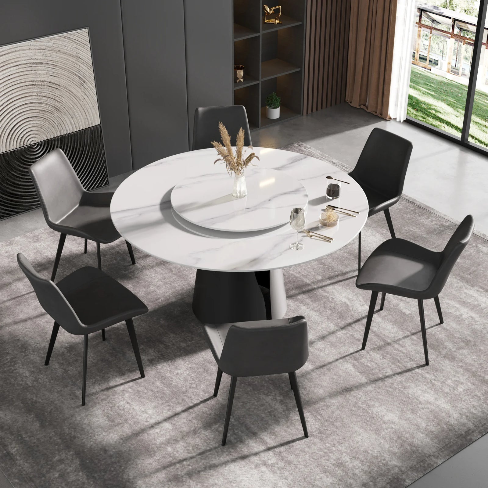 Marbella Sintered Stone Dining Table | 59" White Gloss Round With Lazy Susan Turntable