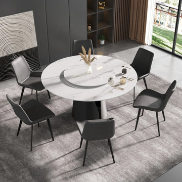 Marbella Sintered Stone Dining Table | 59" White Gloss Round With Lazy Susan Turntable