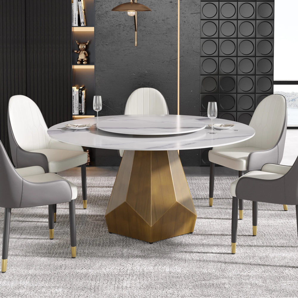 Marbella Sintered Stone Dining Table | 59" White Gloss Round With Lazy Susan Turntable