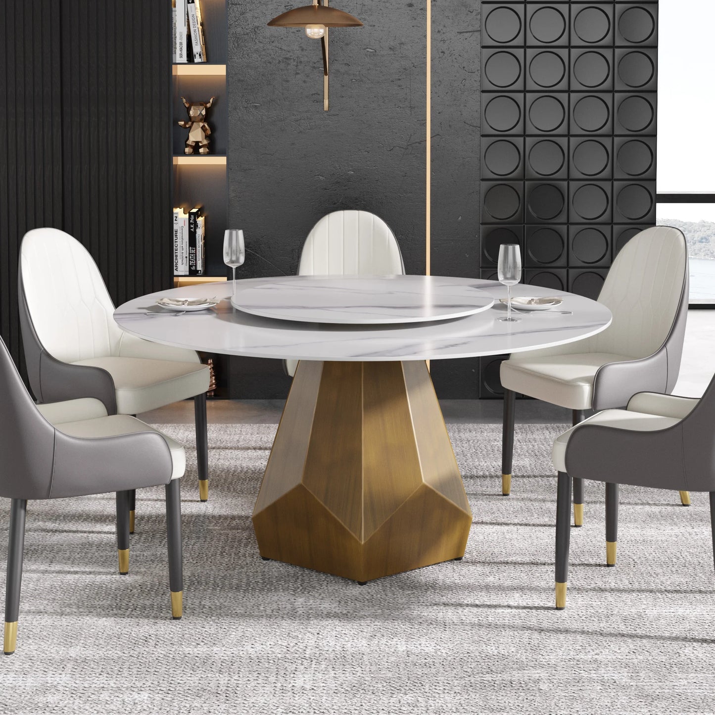 Marbella Sintered Stone Dining Table | 59" White Gloss Round With Lazy Susan Turntable