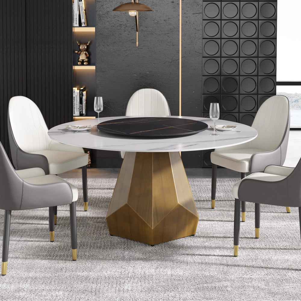 Marbella Sintered Stone Dining Table | 59" White Gloss Round With Lazy Susan Turntable