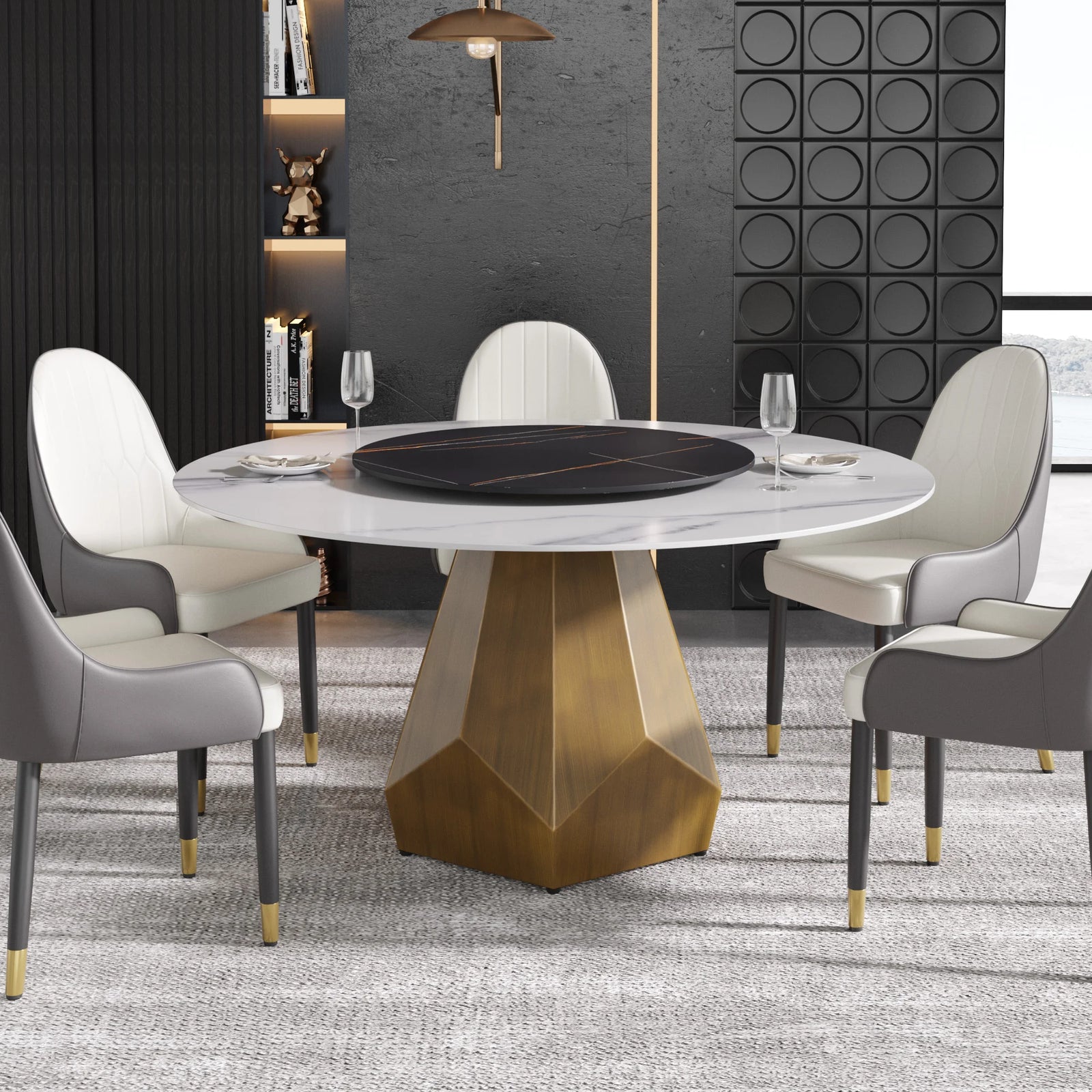 Mesa de comedor Marbella de piedra sinterizada | Redonda de 150 cm (59") en blanco brillante con plato giratorio Lazy Susan