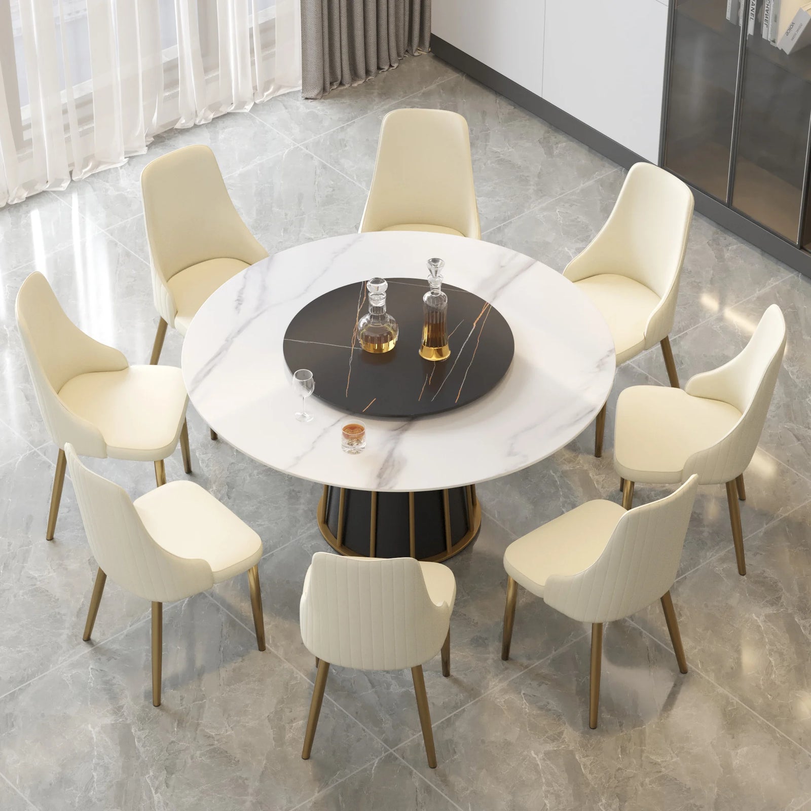 Mesa de comedor Marbella de piedra sinterizada | Redonda de 150 cm (59") en blanco brillante con plato giratorio Lazy Susan