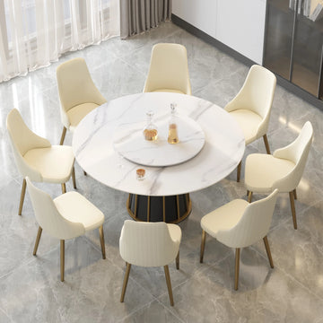 Marbella Sintered Stone Dining Table | 59" White Gloss Round With Lazy Susan Turntable