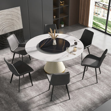 Mesa de comedor Marbella de piedra sinterizada | Redonda de 150 cm (59") en blanco brillante con plato giratorio Lazy Susan