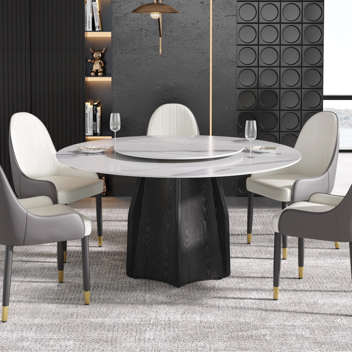 Marbella Sintered Stone Dining Table | 59" White Gloss Round With Lazy Susan Turntable