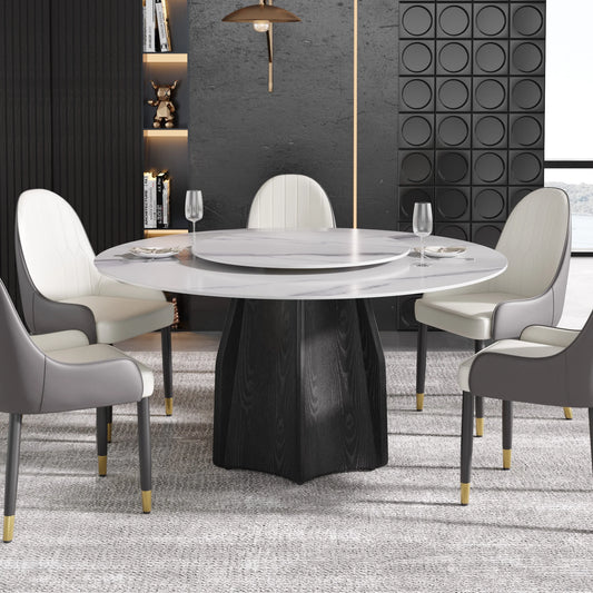 Marbella Sintered Stone Dining Table | 59" White Gloss Round With Lazy Susan Turntable