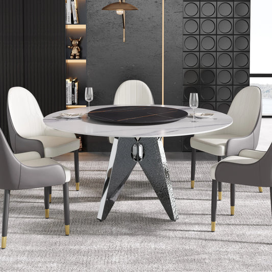 Marbella Sintered Stone Dining Table | 59" White Gloss Round With Lazy Susan Turntable