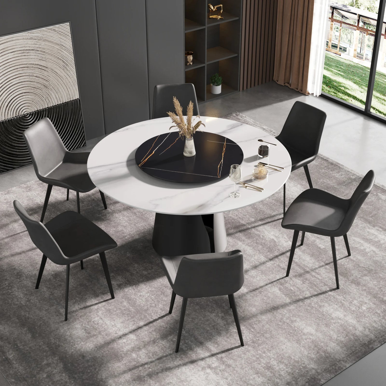 Mesa de comedor Marbella de piedra sinterizada | Redonda de 150 cm (59") en blanco brillante con plato giratorio Lazy Susan