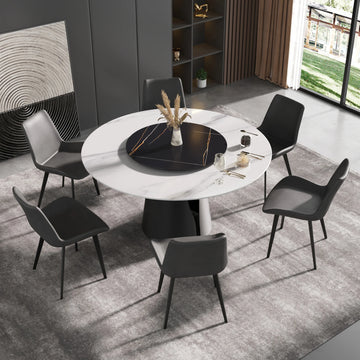 Mesa de comedor Marbella de piedra sinterizada | Redonda de 150 cm (59") en blanco brillante con plato giratorio Lazy Susan
