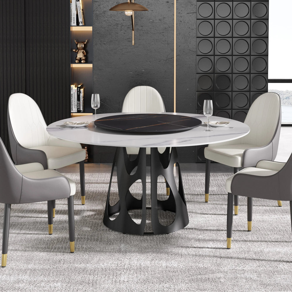 Marbella Sintered Stone Dining Table | 59" White Gloss Round With Lazy Susan Turntable