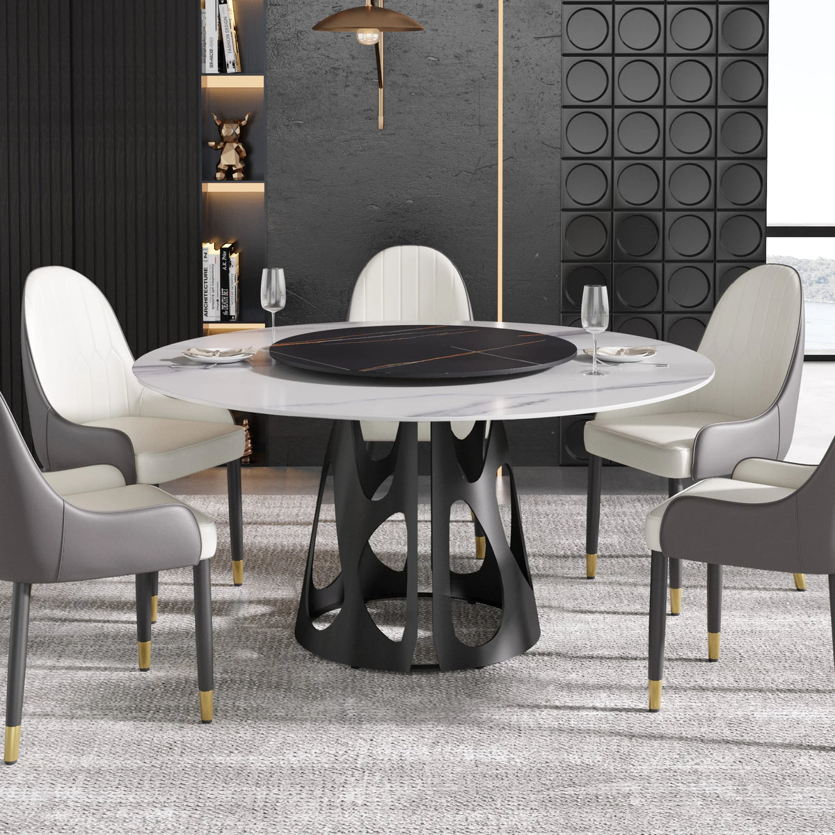 Marbella Sintered Stone Dining Table | 59" White Gloss Round With Lazy Susan Turntable