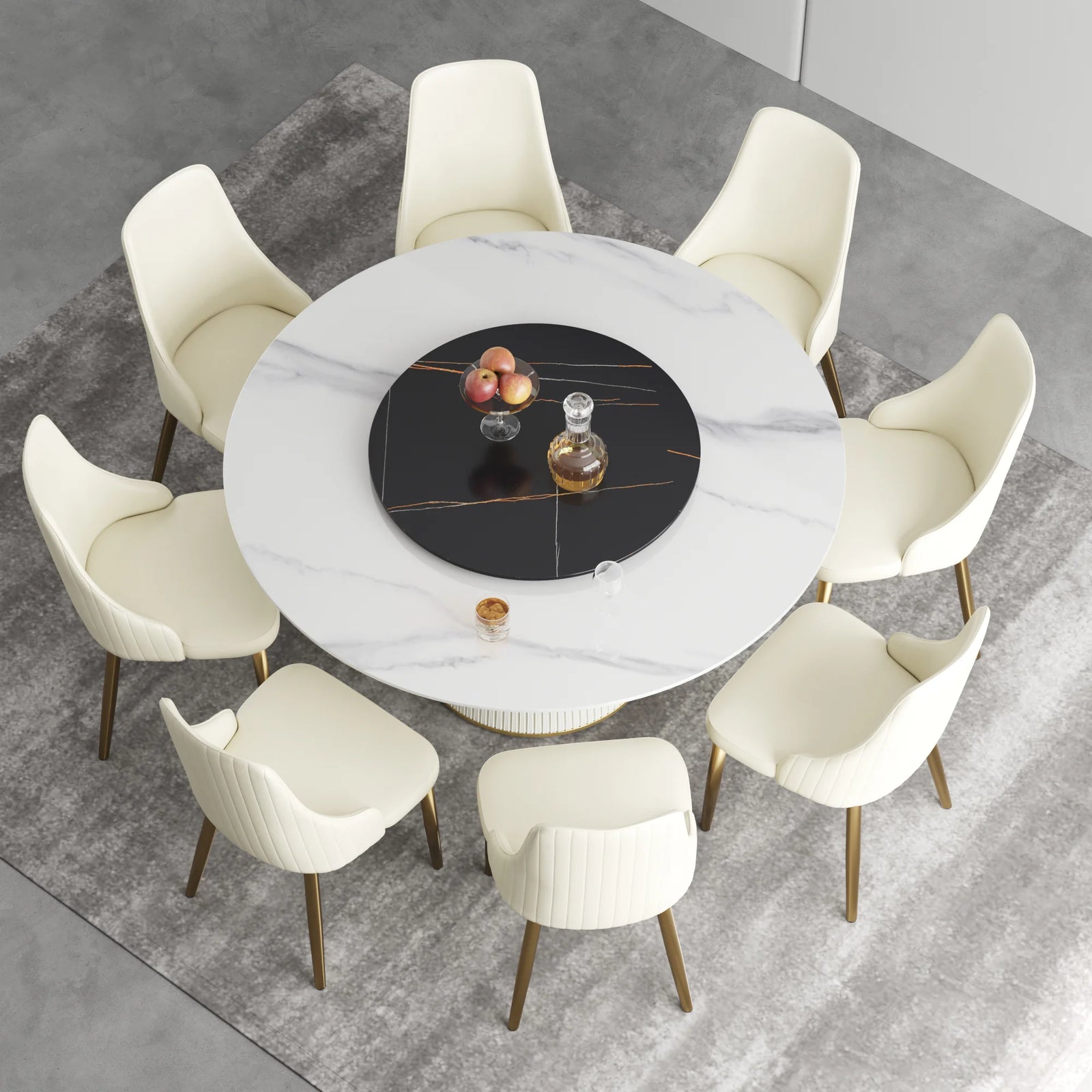 Marbella Sintered Stone Dining Table | 59" White Gloss Round With Lazy Susan Turntable