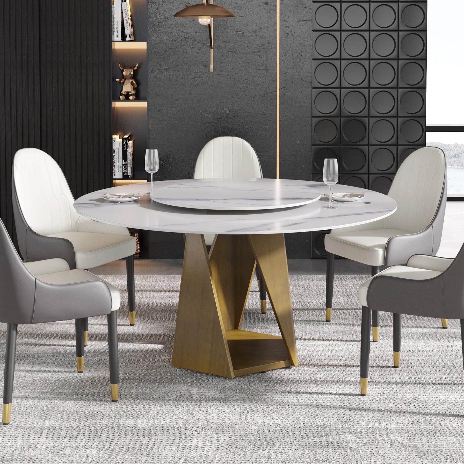 Mesa de comedor Marbella de piedra sinterizada | Redonda de 150 cm (59") en blanco brillante con plato giratorio Lazy Susan