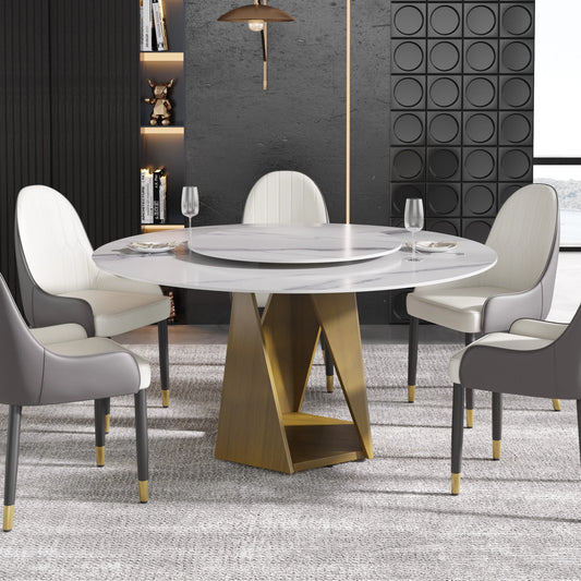 Marbella Sintered Stone Dining Table | 59" White Gloss Round With Lazy Susan Turntable