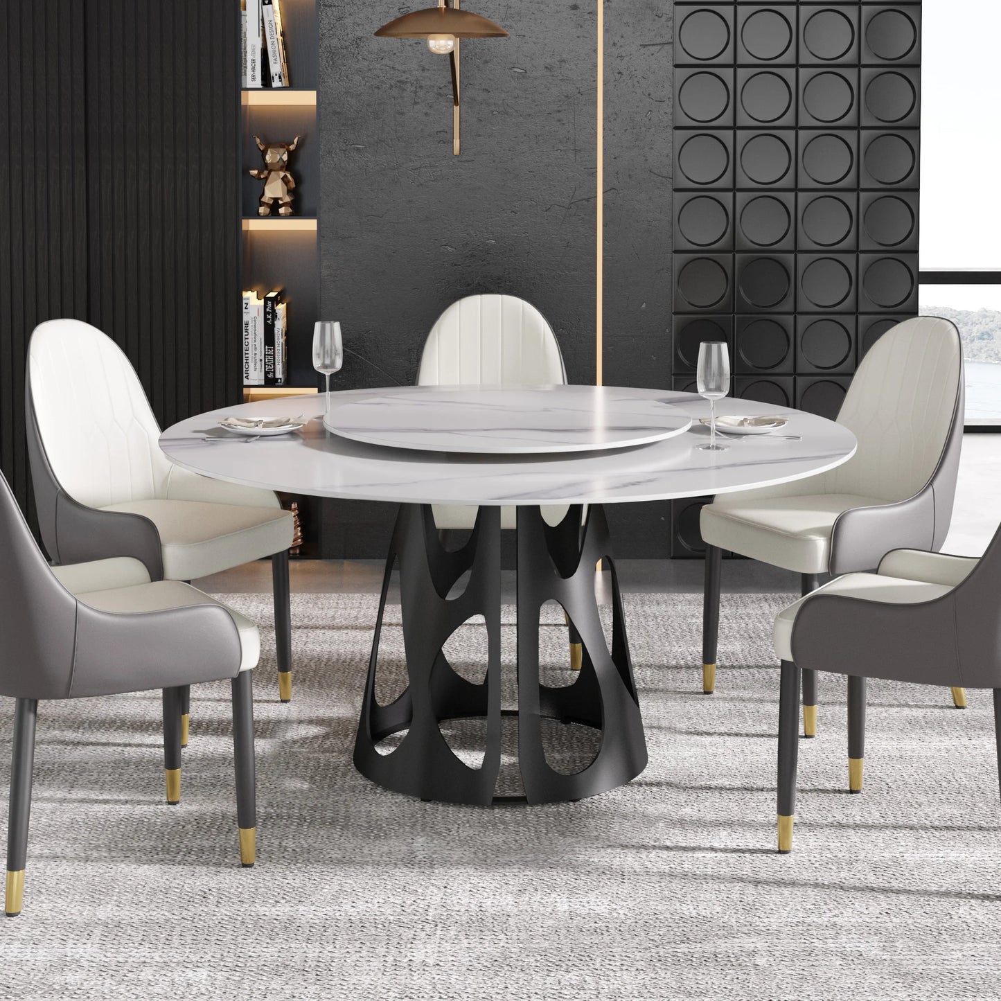 Marbella Sintered Stone Dining Table | 59" White Gloss Round With Lazy Susan Turntable
