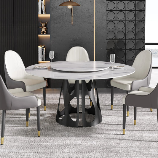 Marbella Sintered Stone Dining Table | 59" White Gloss Round With Lazy Susan Turntable