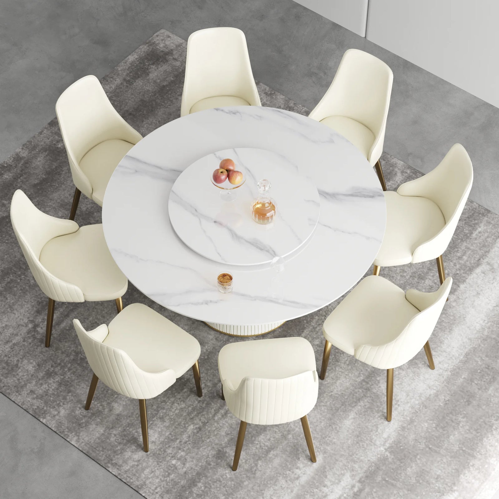 Marbella Sintered Stone Dining Table | 59" White Gloss Round With Lazy Susan Turntable