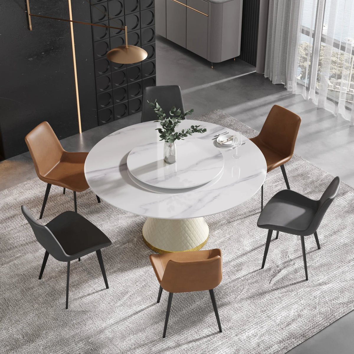 Mesa de comedor Marbella de piedra sinterizada | Redonda de 150 cm (59") en blanco brillante con plato giratorio Lazy Susan