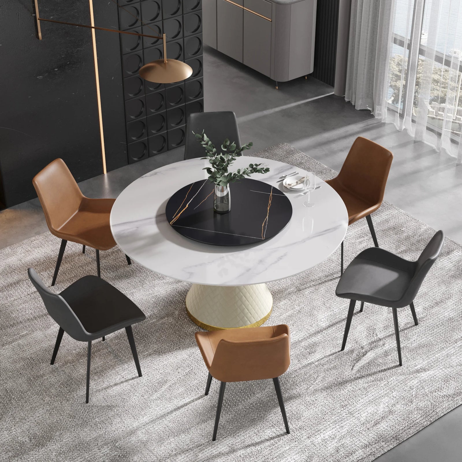 Mesa de comedor Marbella de piedra sinterizada | Redonda de 150 cm (59") en blanco brillante con plato giratorio Lazy Susan