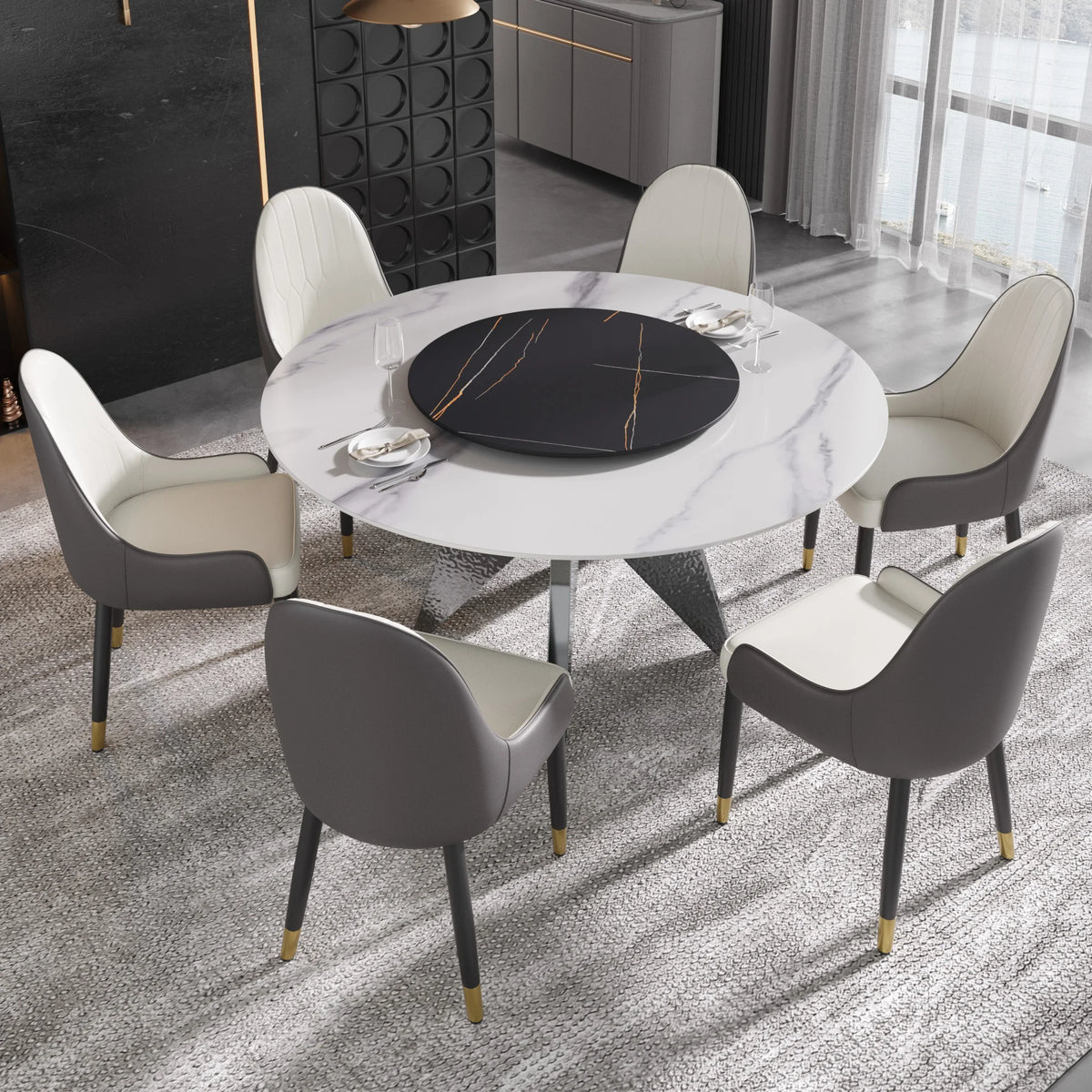 Marbella Sintered Stone Dining Table | 59" White Gloss Round With Lazy Susan Turntable