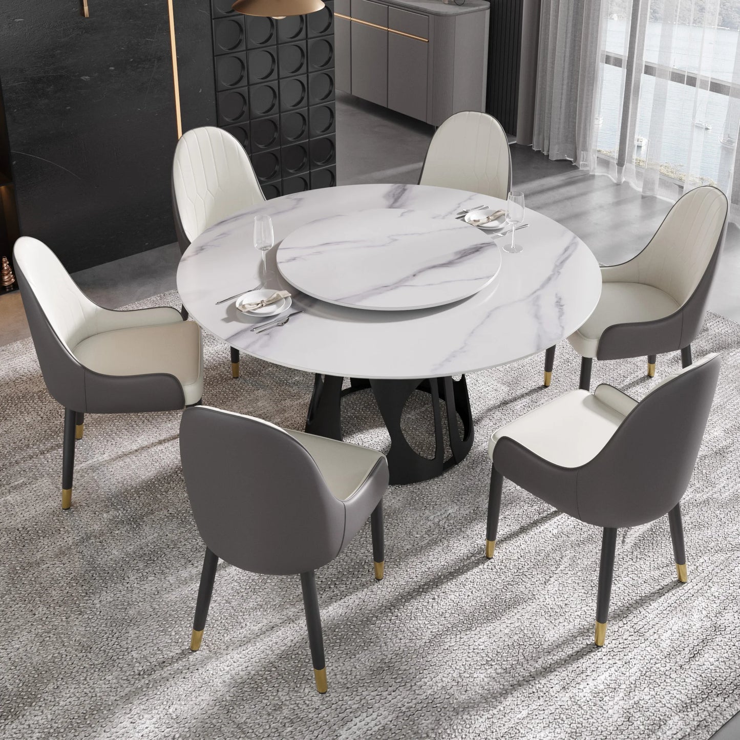 Marbella Sintered Stone Dining Table | 59" White Gloss Round With Lazy Susan Turntable