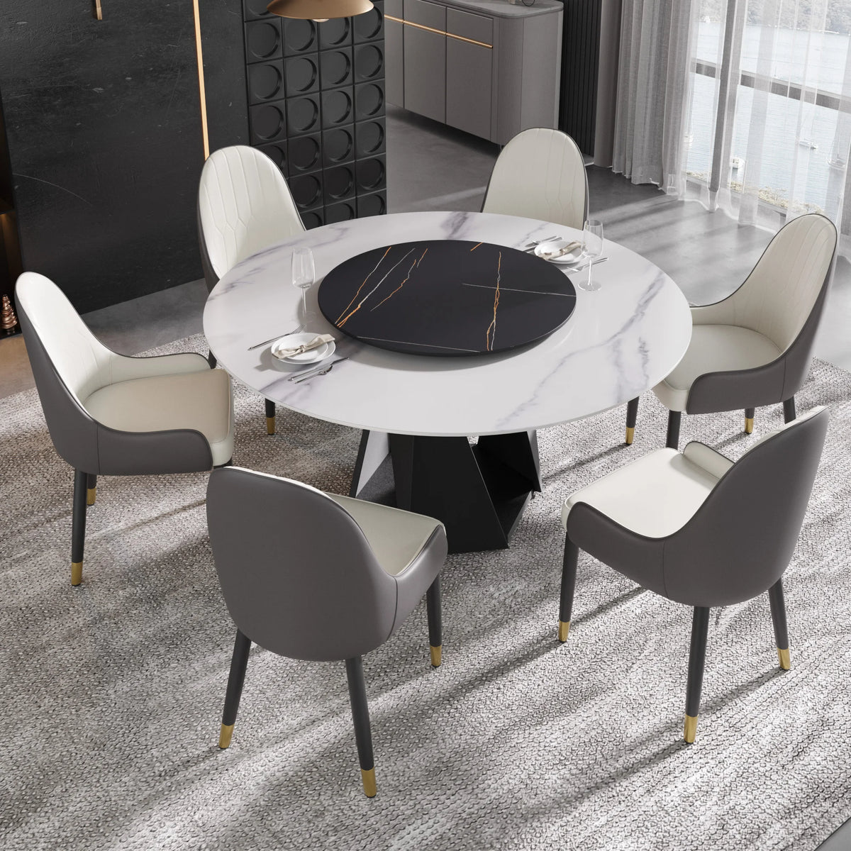 Marbella Sintered Stone Dining Table | 59" White Gloss Round With Lazy Susan Turntable