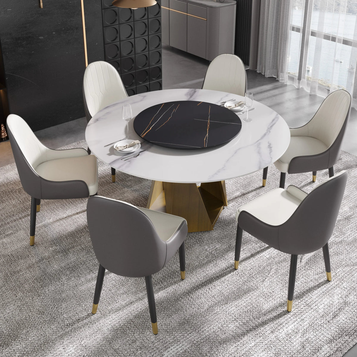 Marbella Sintered Stone Dining Table | 59" White Gloss Round With Lazy Susan Turntable